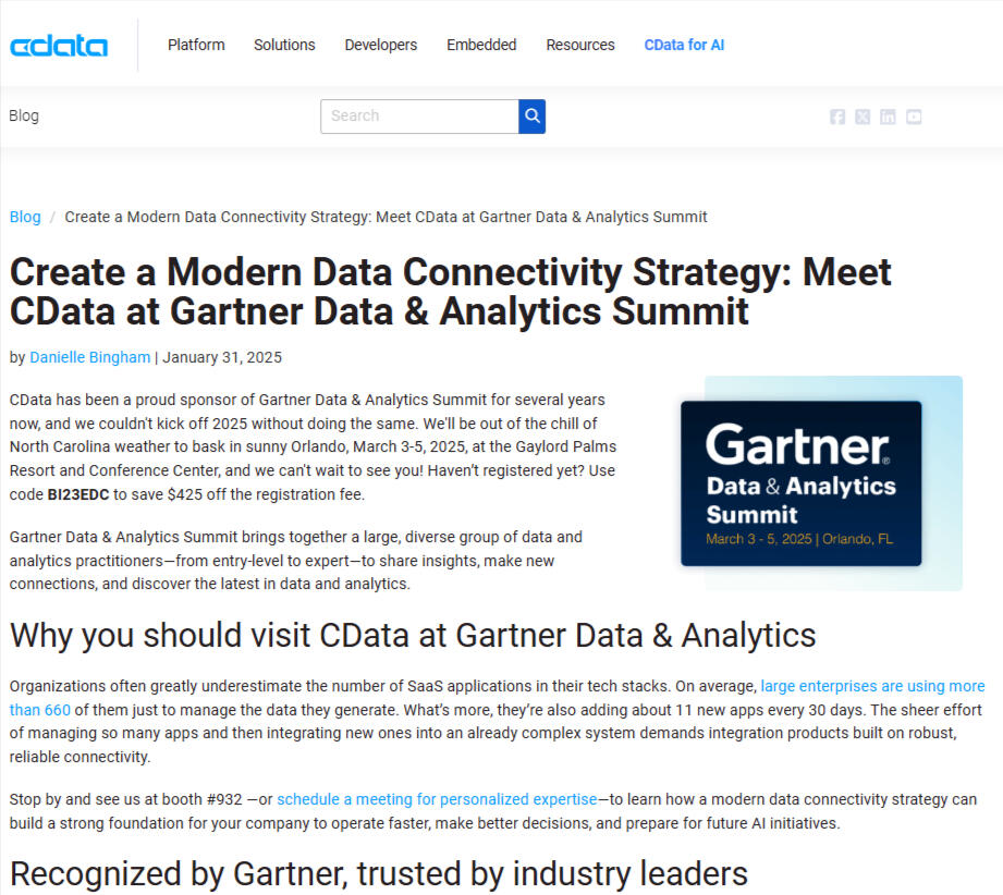 Sample article image of CData's Gartner Summit D&A promo page with embedded link to article.