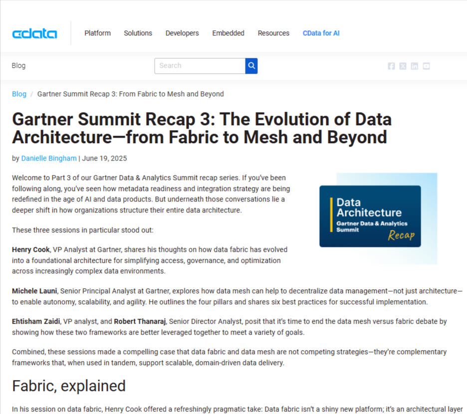 Sample article image of CData's recap of the Gartner D&A event with embedded link to article.